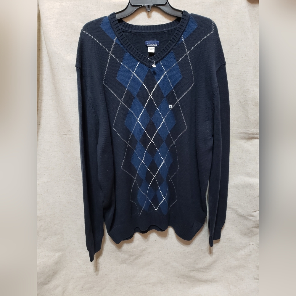 Basic Editions Men's Navy Blue Sweater Geometric V-Neck Size XL New